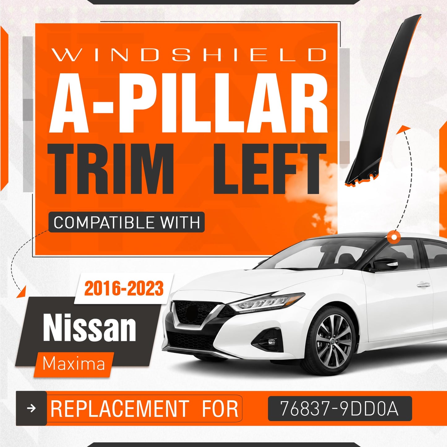 ECOTRIC Windshield A-Pillar Trim Compatible with 2016-2023 Nissan Maxima Replacement for 76837-9DD0A Front Window Outer Pillar Molding Cover Left Driver Side