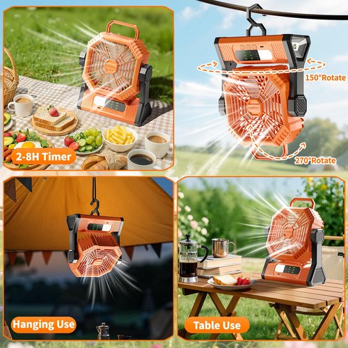 VVU&CCO Table Fan Portable Fan for Camping with LED Lantern,10000mAh Rechargeable Battery,30H Runtime,USB-C Fast Charging,3 Speeds Strong Airflow,Cordless for Travel Barbecue Home Office Tent Desk