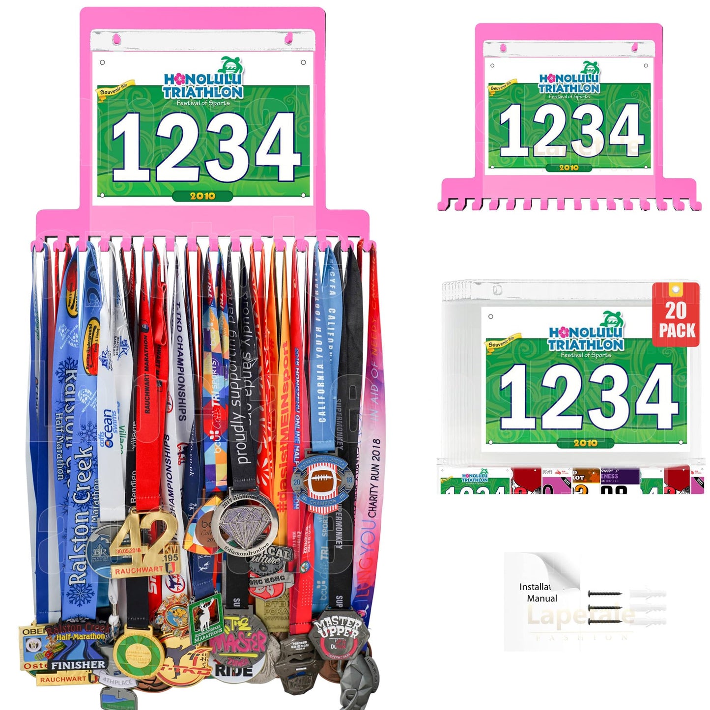 Lapetale Fashion Pink Race Bib and Medal Display,Marathon Medal Display and Runner Medal Hanger Display,Bib Running Medal Display, Running Medal Hanger Display,Medal Holder for Wall,Gifts for Runners