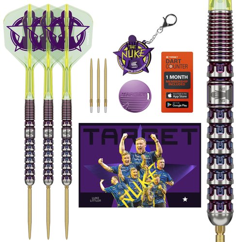 TARGET Luke Littler World Champion Steel Tip Swiss Point Darts, 90% Tungsten Darts Set, 23G | The Nuke 2025 Special Edition K-Flex, Key Ring, Spare SLK Swiss Points and Premium Tool Included