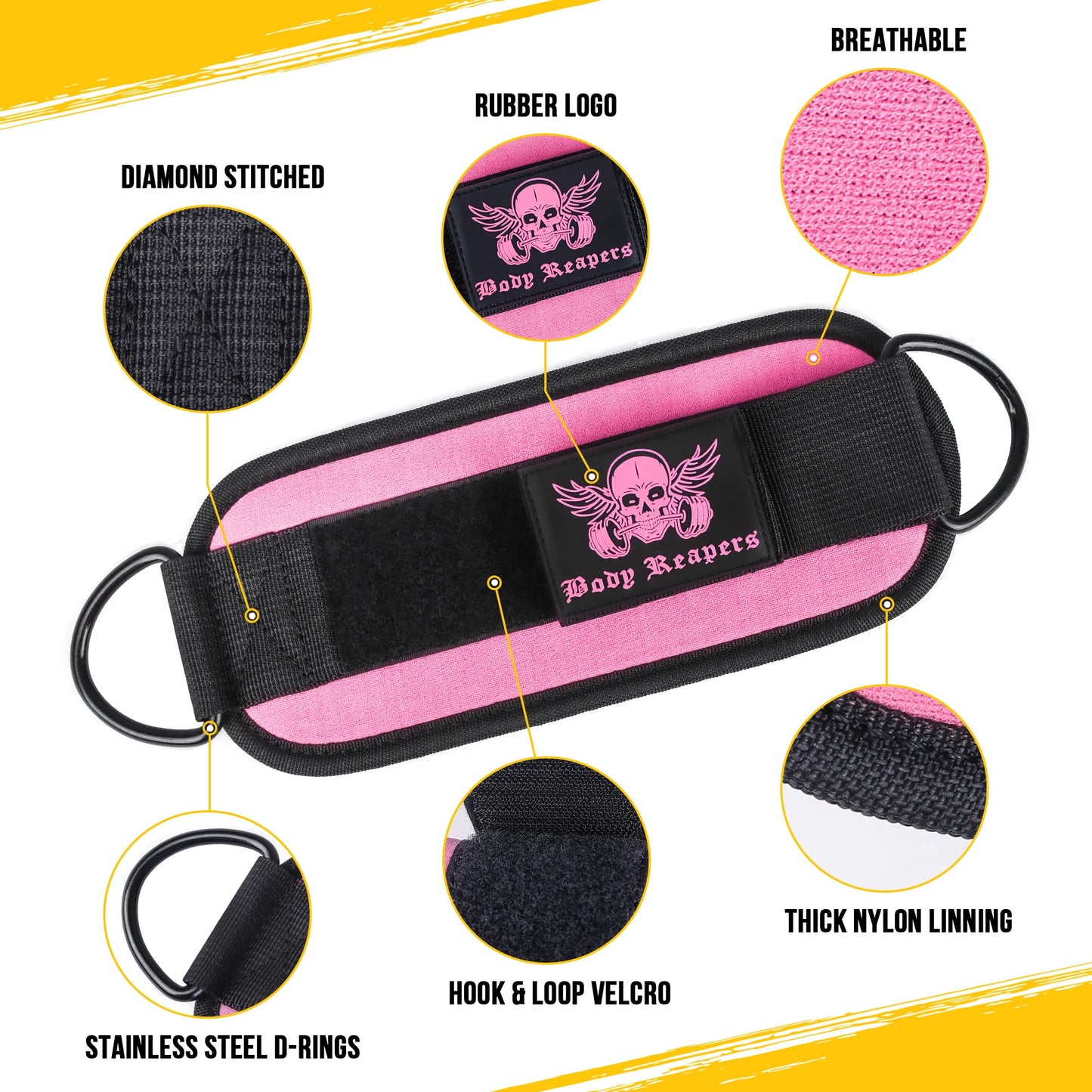 Body Reapers Gym Ankle Cuff Cable Attachment with Adjustable Strap, Durable Double D-Rings & Cushioned Design for Glute, Leg & Lower Body Exercises, Comfortable Workout Straps & Ankle Cuff
