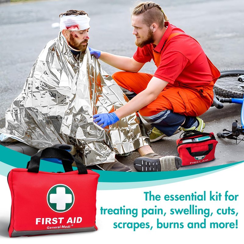 General Medi First Aid Kit -309 Pieces- Reflective Bag Design - Including Bandages, Moleskin Pad and Emergency Blanket for Travel, Home, Office, Car, Camping, Workplace