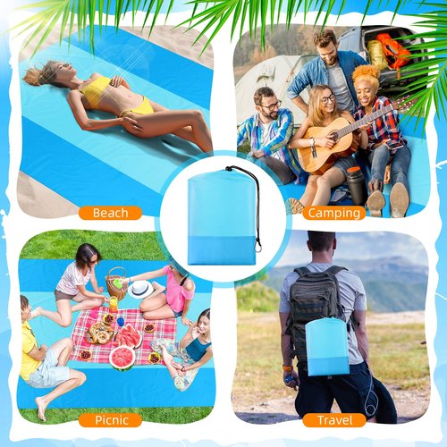 Drydiet 10 x 9 ft Beach Blanket Sandproof Waterproof Extra Large Beach Mat for 2-8 Adults Quick Drying Outdoor Picnic Blanket Lightweight Oversized Sand Free Mat for Travel Camping Hiking(Blue Cyan)