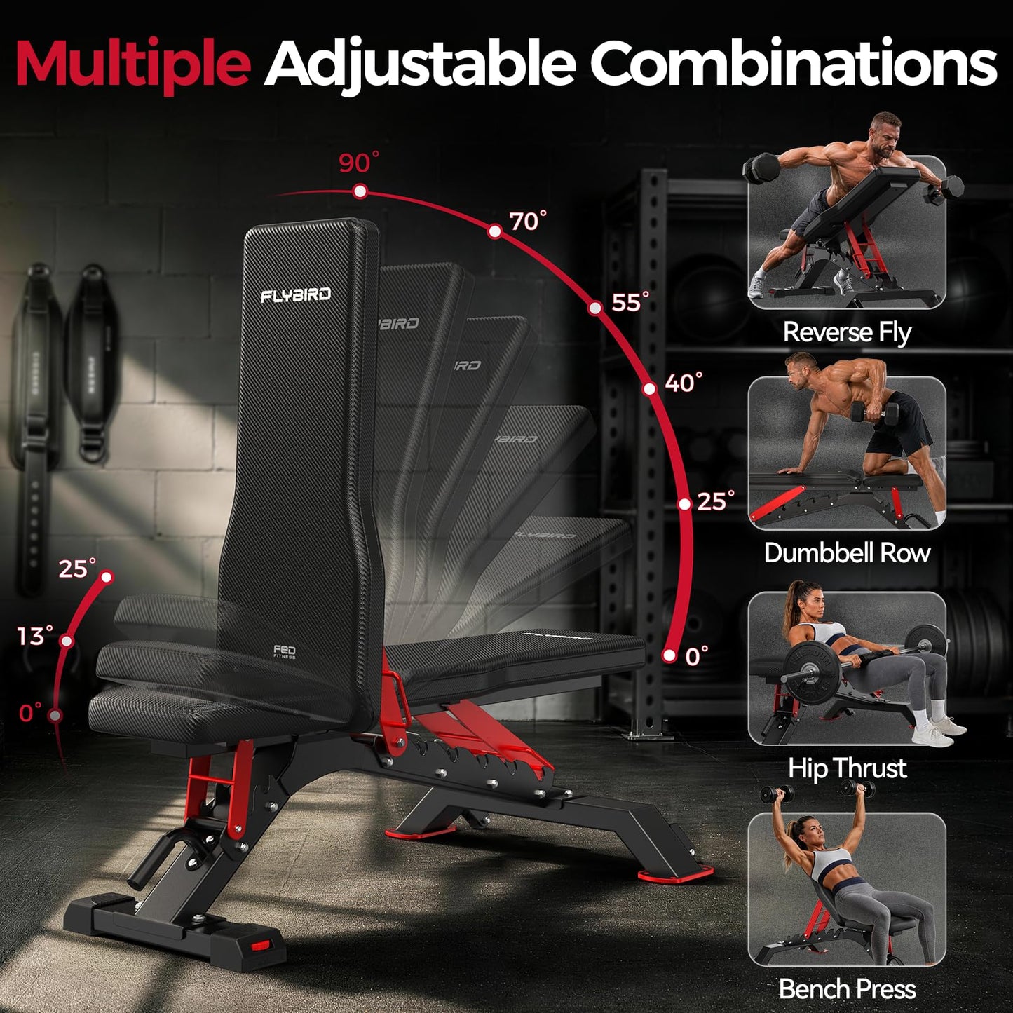 FLYBIRD WB7 Weight Bench, Commercial Grade Adjustable Weight Bench - 1300LBS Workout Bench for Home Gym, Flat Incline Bench Press Heavy Duty Bench with 34'' Extra-Long Backrest and Easy-Roll Wheels