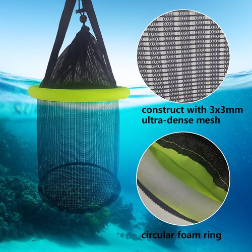 Aventik Floating Fish Basket Nylon Net Cage for Live Bait Storage, Kayak Fishing Accessories, 15.7in/40cm Height 9.8'' Diameter (Diameter of The Bottom: 9.8"/25cm)