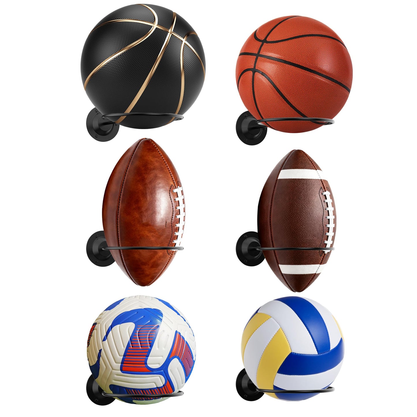 Suchek Metal Ball Holder Rack Wall Mounted, Display Wall Storage for Soccer, Basketball, Volleyball, Rugby, Football (2 Pieces, Black)