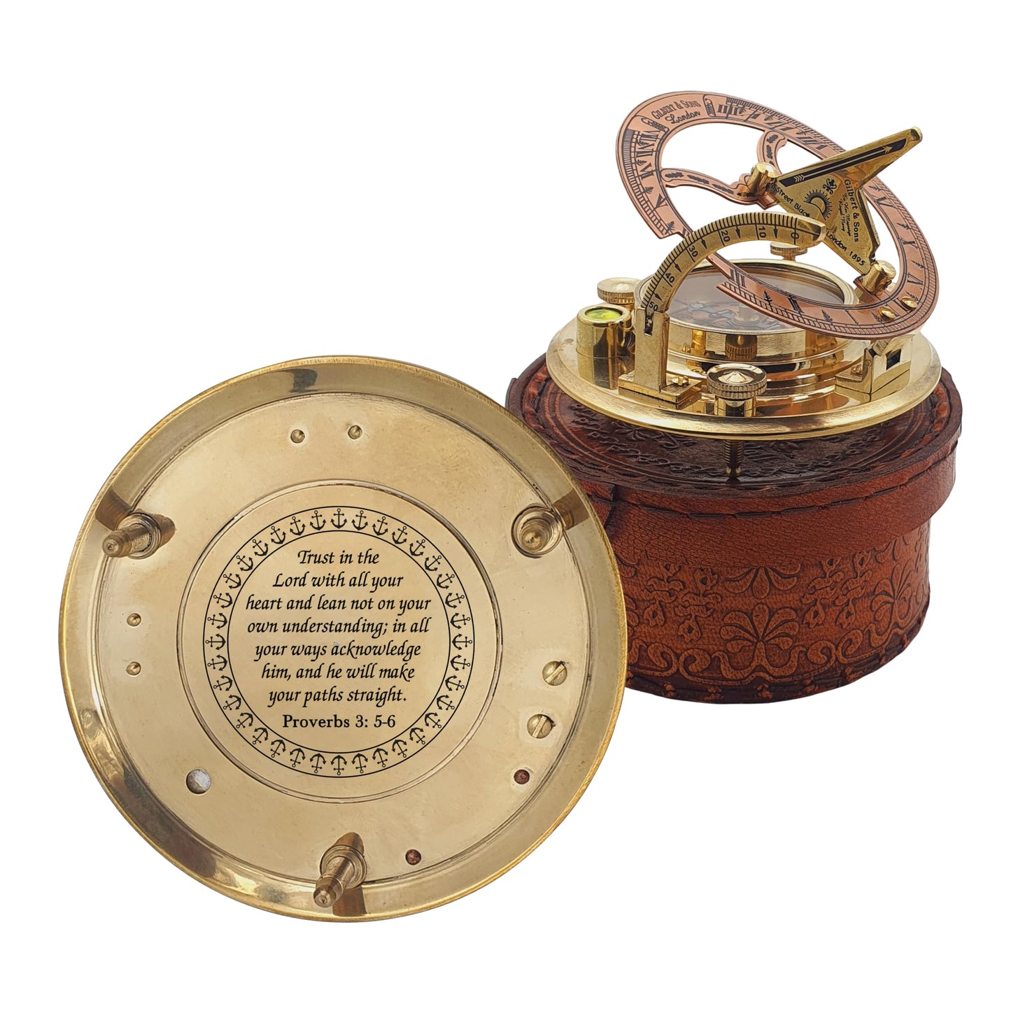 Trust in The Lord with All Your Heart -Proverbs 3: 5-6 Quote Engraved Compass with Leather Box, Sundal Compass, Gift Compass, Graduation Gifts Compass for Women Mens Boy Girls