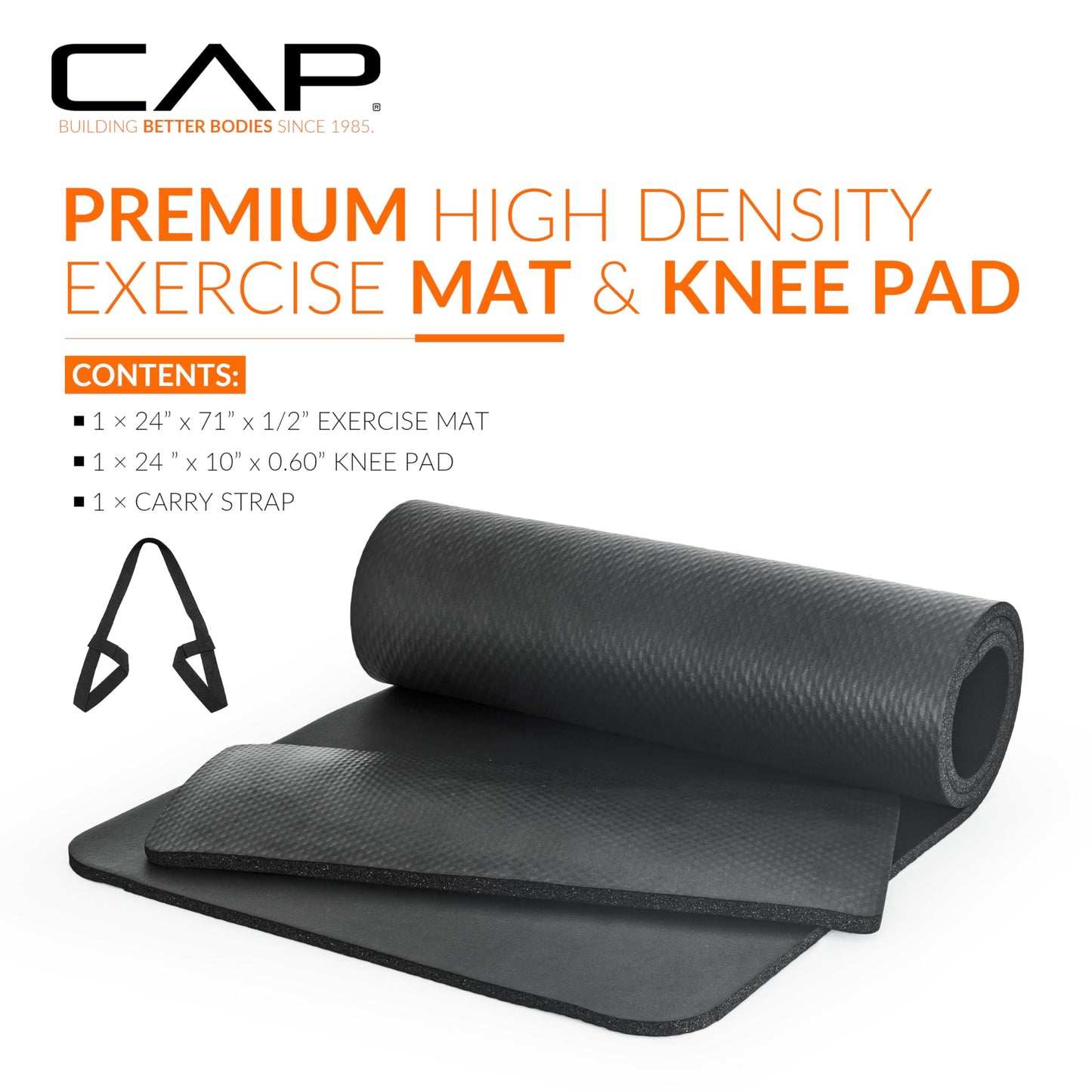 CAP Barbell High Density Exercise Yoga Mat with strap and Knee Pad 71"x24"x1/2" BLACK