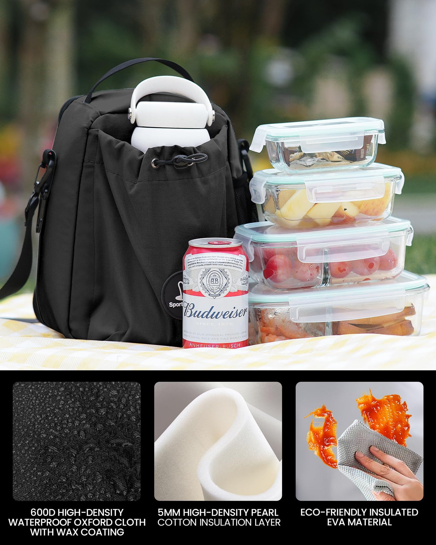 Sports Rabbit Insulated Lunch Bag for Men & Women – Lunch Bag with Water Bottle Holder, Compatible with Owala & 40/30oz Stanley Cups, Adjustable Crossbody Strap – Ideal for Work Travel Picnics (Black)