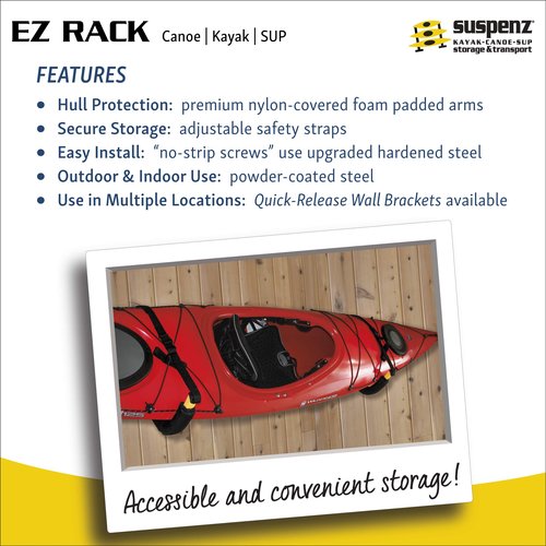 Suspenz EZ Kayak Storage Rack, Indoor & Outdoor Wall Mounts for Kayaks & SUP Paddle Boards, Powder-Coated Steel with Foam Pads & Safety Straps, Holds up to 125 lbs (12-9903)