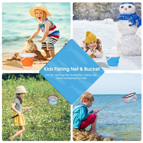 Kids Fishing Net, 2 Pack Thickened Telescopic Fishing Landing Net with Aluminum Pole Handle for Kids, Collapsible Bucket Kids Sand Pail, Fishing Net Butterfly Nets for Kids, Outdoor Playing, Blue