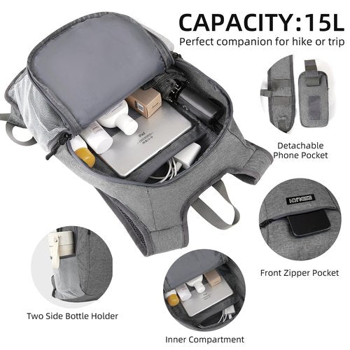 ESDLKH Small Hiking Backpack with Detachable Front Phone Holder, Foldable Packable Back pack with Chest and Waist Strap, Lightweight Daypack for Women Men (Gray, 15L)