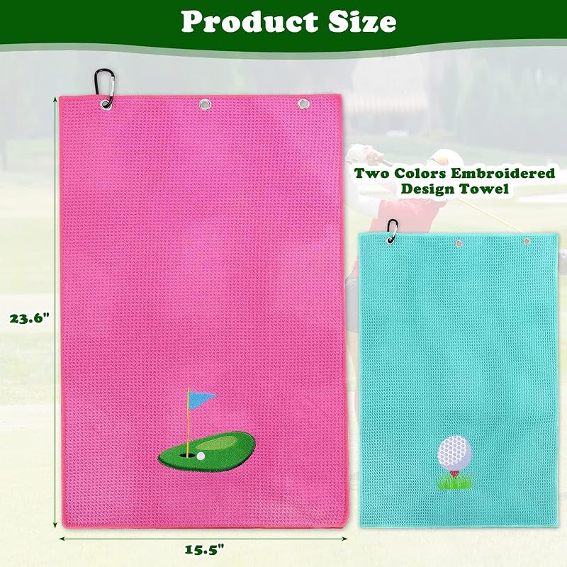 Golf Towels for Women - 2-Pack Microfiber Towel Set with Clips, 15.5 x 23.6 inches