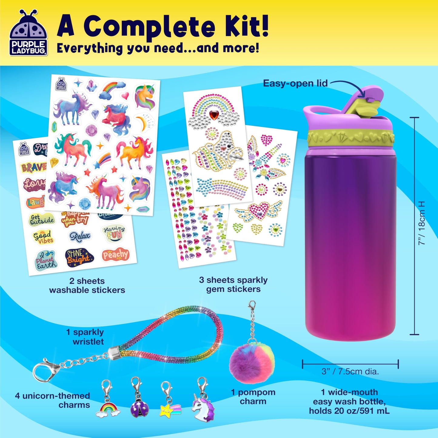 PURPLE LADYBUG Decorate Your Own Water Bottle Kit for Girls - Gift for Girls Ages 5 6 7 8 9 10 Year Old Girl Birthday Gift, Unicorn Toys Crafts Kids Ages 6-12 Summer Crafts for Kids