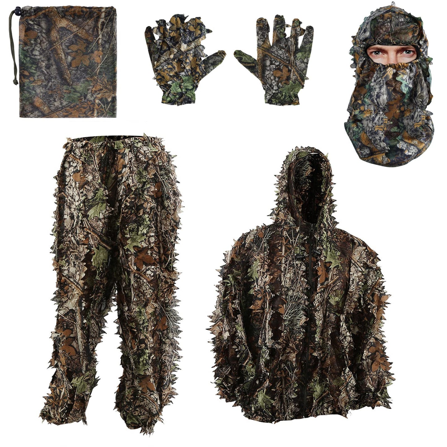 Zicac Ghillie Suit Full Face Mask Gloves Set, 3D Leafy Camo Suit, Ghillie Suit for Men, Camoflage Woodland Pants Jacket Hood for Outdoor Hunting,Airsoft Sniper Costume,Wildlife Photography,Halloween