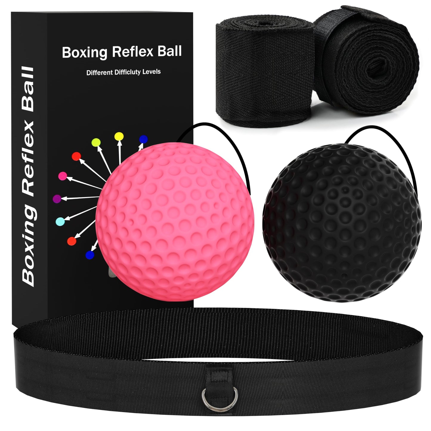 Boxing Reflex Ball with Hand Wraps - 2 Difficulty Levels Boxing Ball to Improve Speed, Hand-Eye Coordination，Fight Reaction for Adults, Kids