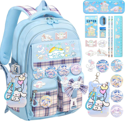 16.5/19IN School Backpack for Girls with 24Pcs Accessories, Anti-Theft Kids Backpack for Students Aged Between 4-8 Years Old/9 Years Old and Above, New Semester Presents with Pins and Card Holder