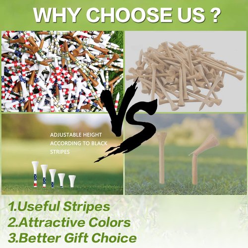 FINGER TEN Golf Tees Wood 3 1/4 2 3/4 Inch Wooden Bamboo 50/120 Count, Durable Biodegradable Colored Bulk Tee 70mm 83mm (USA Flag, 2 3/4 Inch(50 Pack))