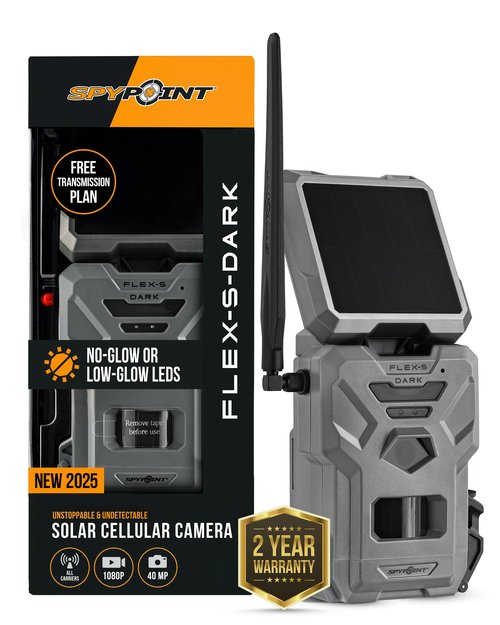 SPYPOINT Flex-S-Dark Solar Cellular Trail Camera ??Built-in Solar Panel, 40MP Photos, 1080p Videos + Sound, No-Glow Game Camera, Night Vision, Motion Activated Trail Cam