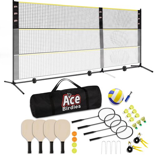 Ace Birdies Complete Badminton Sets (10FT/17FT) Adjustable Width, Adjustable Height (2.8/5.1/7.4FT), Badminton Pickleball Volleyball Set with Net, 4Racket+4Paddels+Volleyball for Outdoor Family Game.