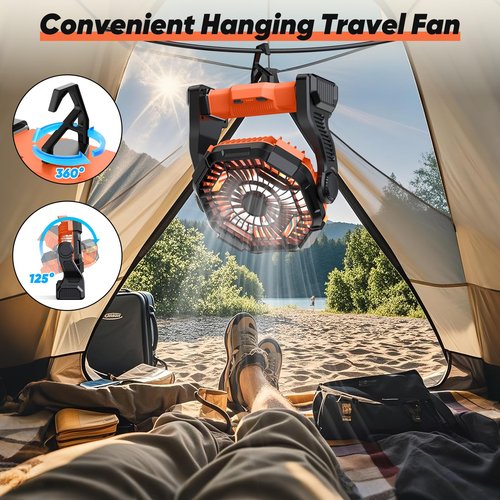 MATULSA Portable Rechargeable Camping Fan, 10-Inch Battery Operated Fan, Quiet Table Fan with LED Lights, 4 Fan Speeds and 125°Rotation, Rechargeable Beach fan for Travel, Fishing, Picnic, Orange