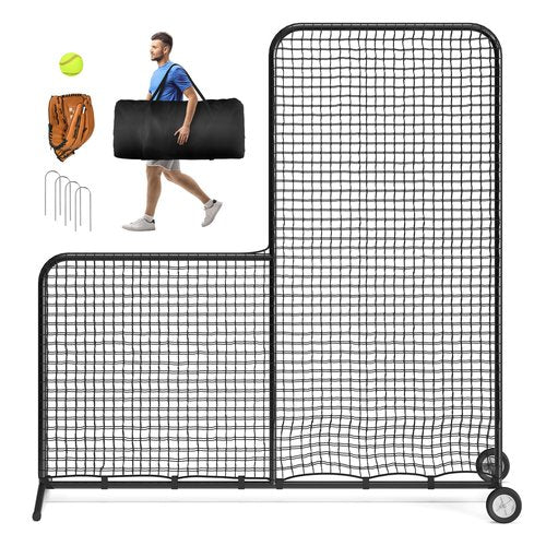 Shopsource Baseball L Screen with Wheels for Batting Cage, 7x7ft Pitcher Protector Net for Pitchers Protection, Includes Pitchers Glove,Training Ball, Portable Carry Bag