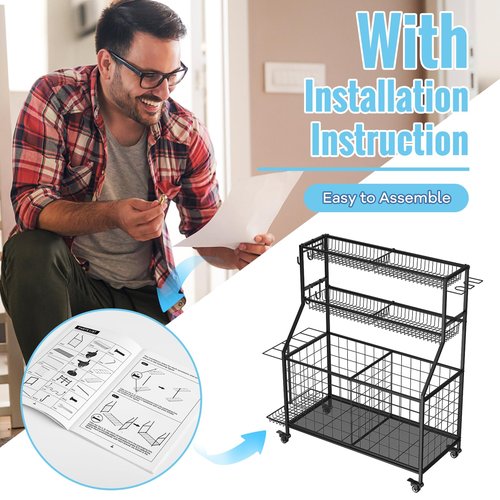 WUC Sports Equipment Organizer - Garage Ball Storage Rack with Basket, Hooks and Rolling Cart for Toy Sports Gear Storage, Black