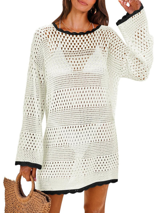 ANRABESS Women Swimsuit Crochet Swim Cover Up 2026 Summer Bathing Suit Swimwear Mesh Knit Beach Dress Vacation Outfits Black-White X-Large