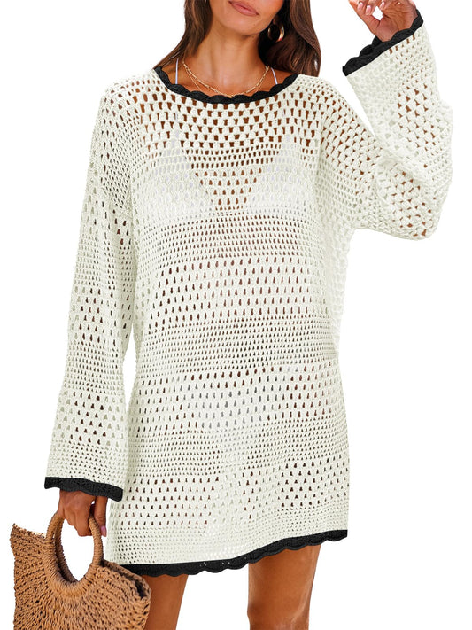 ANRABESS Women Swimsuit Crochet Swim Cover Up 2026 Summer Bathing Suit Swimwear Mesh Knit Beach Dress Vacation Outfits Black-White Medium