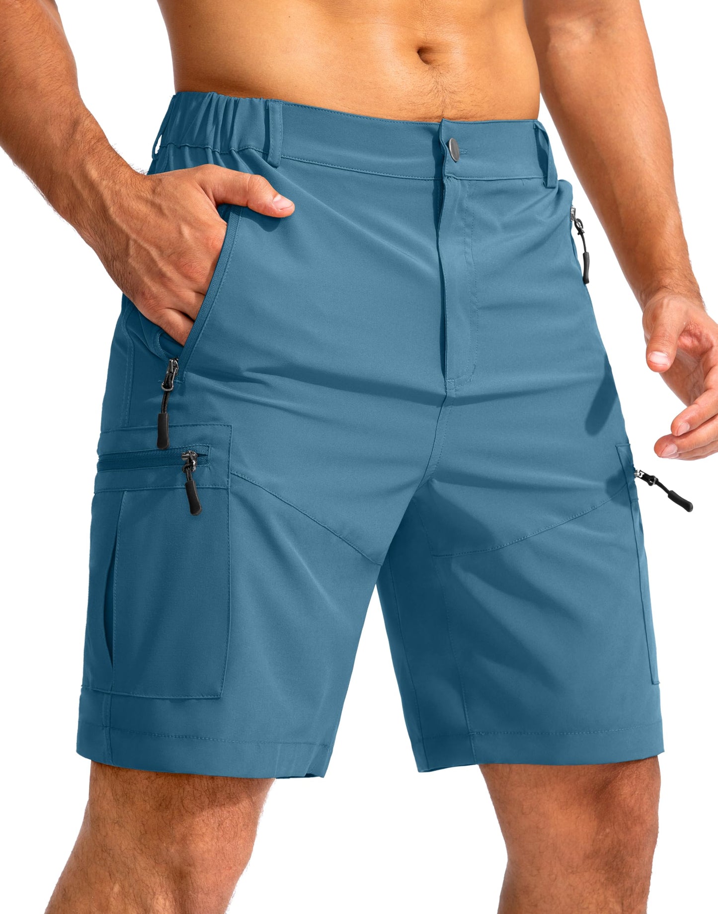 Pudolla Men's Hiking Cargo Shorts 9" Lightweight Outdoor Work Shorts for Men Travel Golf Camping Casual with 5 Zipper Pockets(Sea Blue Large)