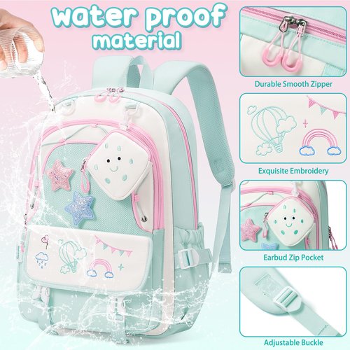 Fimibuke Kids Backpack for Girls, 4 PCS Waterproof Teen Girls Backpack with Lunch Box, Pencil Case & Headphone Bag Set, Cute Bookbag School Bag for Elementary Middle High School Student Back to School