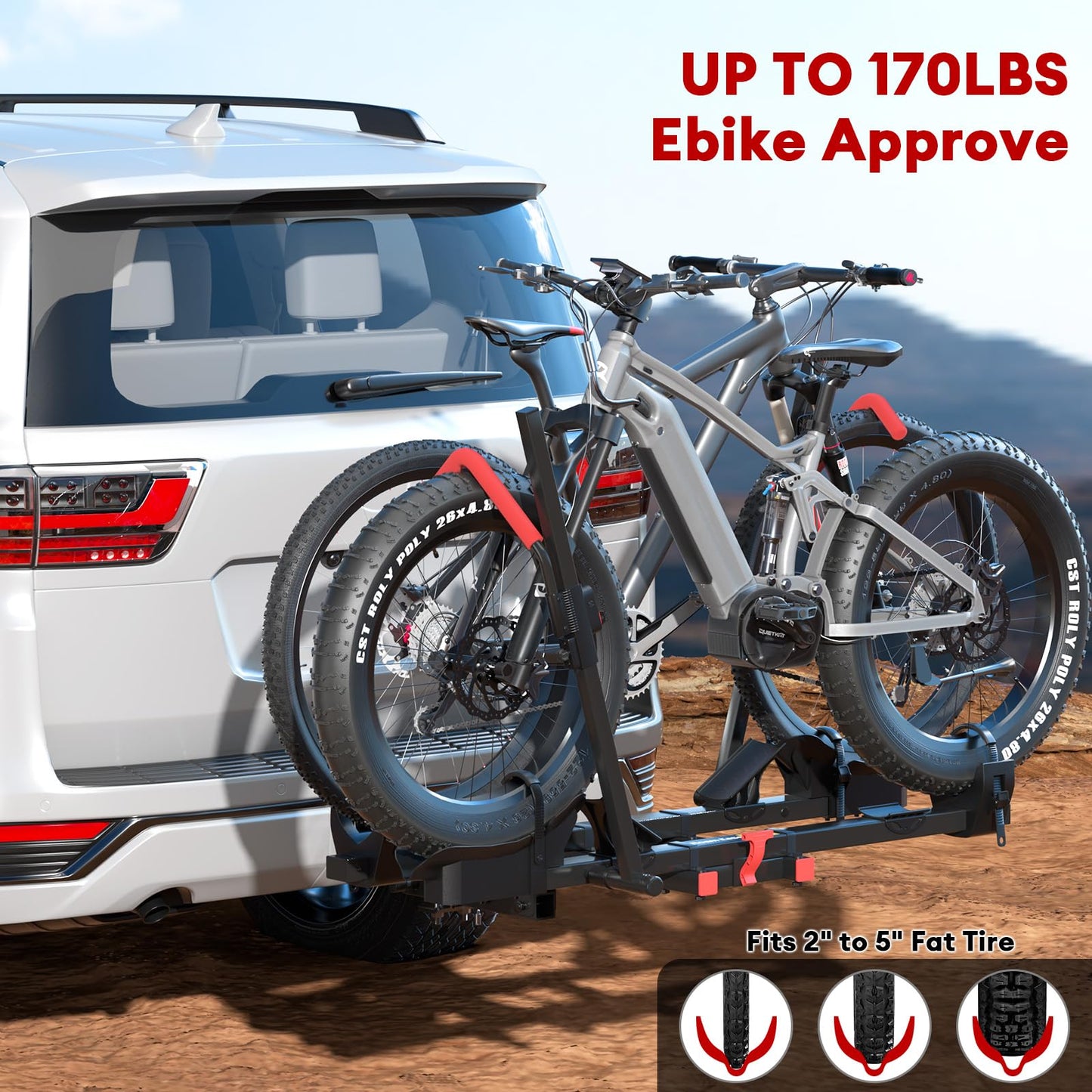 Hitch Mount Bike Rack with Ramp, 170lbs Capacity Foldable Electric Bike Carrier for 2 Heavy Ebike, Up to 5" Fat Tire fits Cars, SUVs, RVs, Trailers with 2 Inch Receiver