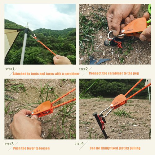 Hikeman Camping Rope with Ratchet Pulley,Quick Setup Outdoor Guy Lines Adjustable Tent Tie Downs Rope Hanger for Canopy,Kayak and Canoe,Grow Light (4PCS,Black)