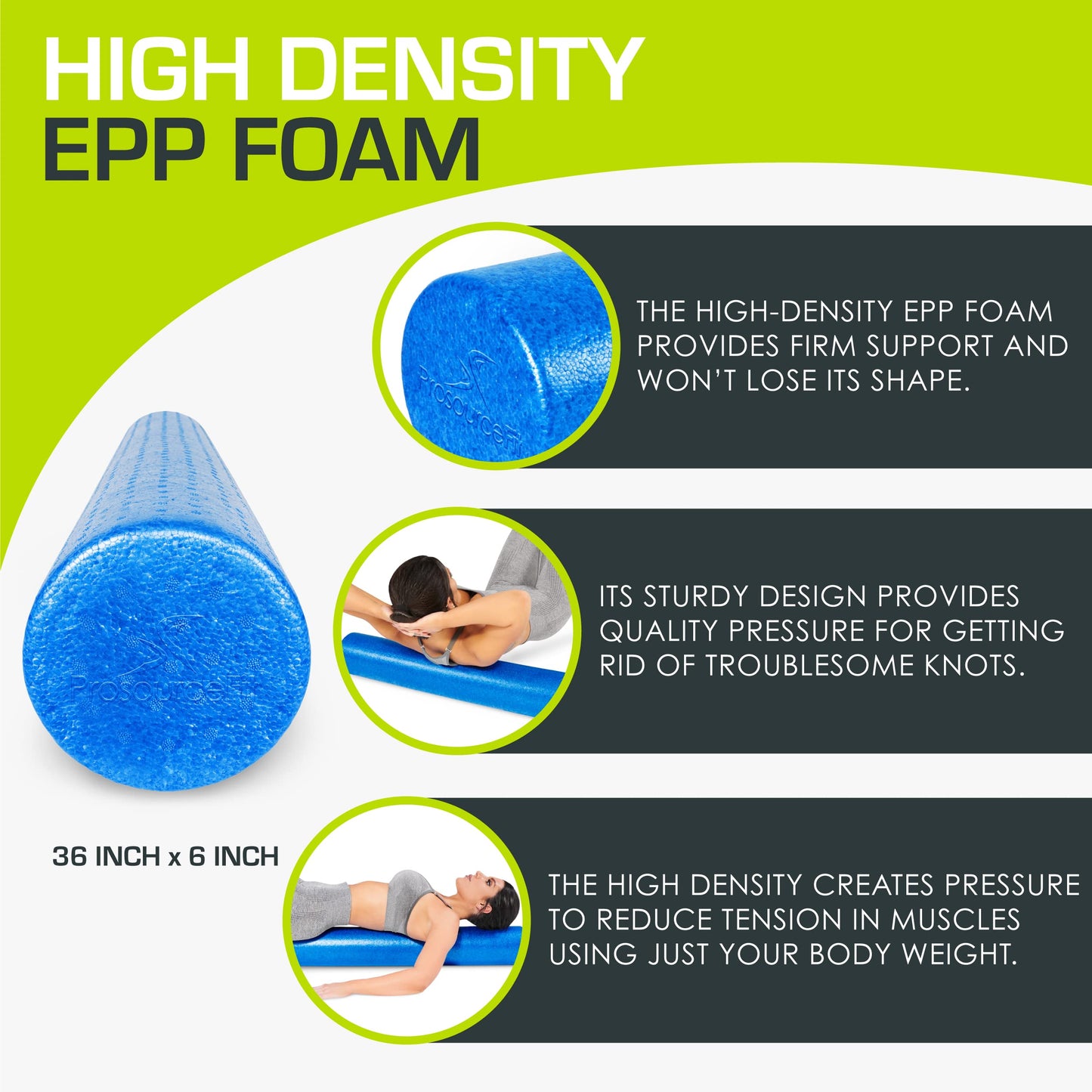 ProsourceFit High Density Foam Rollers 36 - inches long,Firm Full Body Athletic Massage Tool for Back Stretching, Yoga, Pilates, Post Workout Muscle Recuperation, Blue