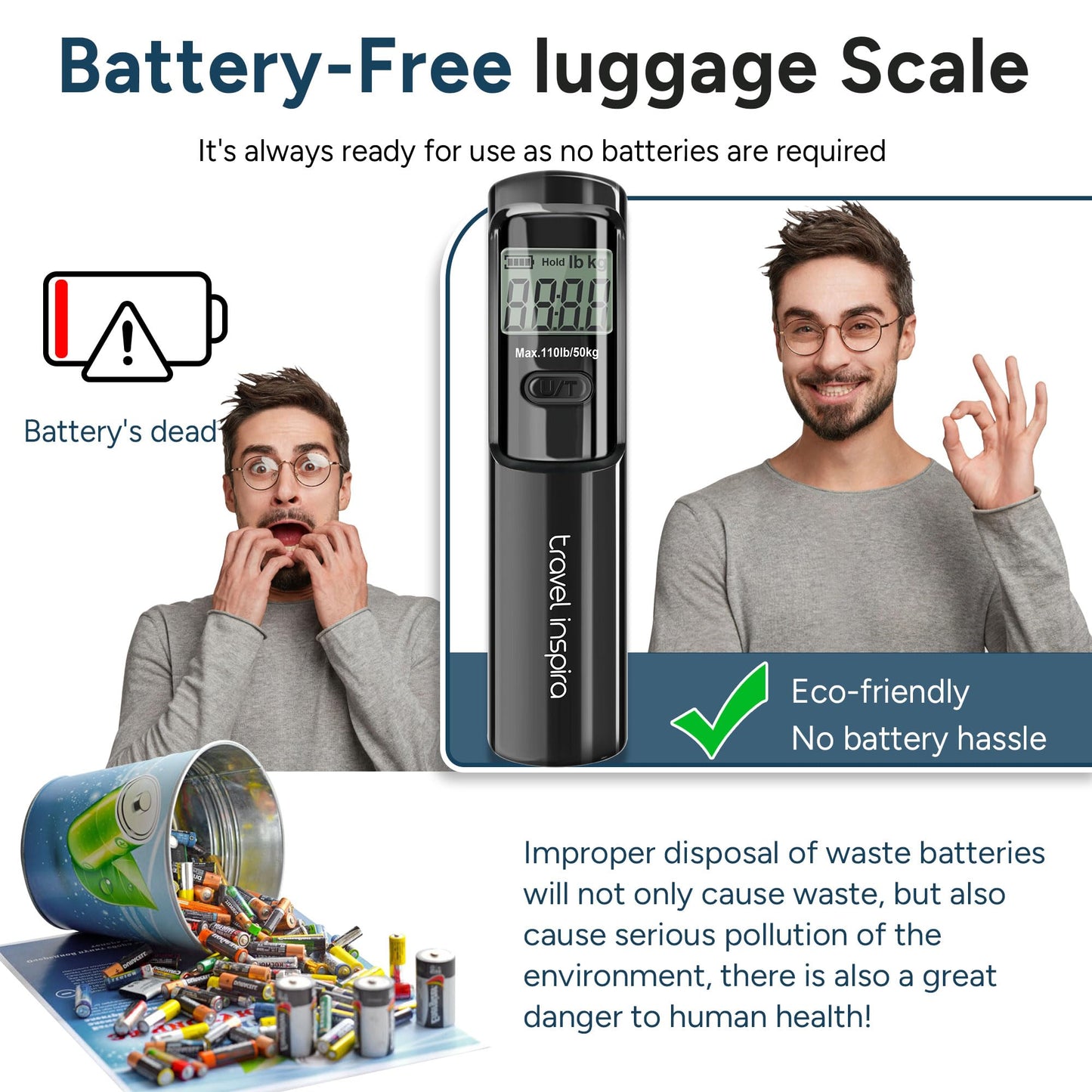 Battery-Free Luggage Scale – No Batteries Needed, Portable Digital Hanging Suitcase Weight Scale for Air Travel & Checked Bags, 110lb/50kg, LCD Display, Compact Travel Accessory