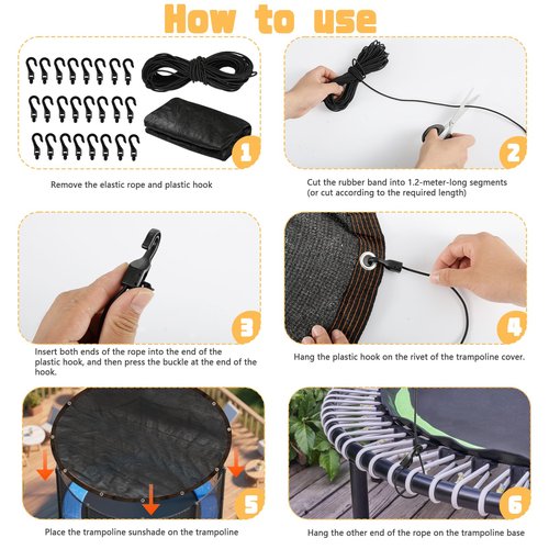 Trampoline Cover Black Round 90% Sunblock Shade Cloth 12FT Trampoline Top Shade Cover Sun Shade Mesh Tarp with Elastic Cord Plastic Hooks for Outdoor Backyard Playground Accessories, Tent Only