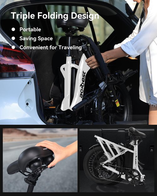 ACTBEST Electric Bike for Adults, Mars 20'' Fat Tire Folding Ebike with Peak 1200W Motor, 7 Speed 28MPH, 48V 499Wh Removable Battery Max Range 55 Miles, Foldable Electric Bicycle, White