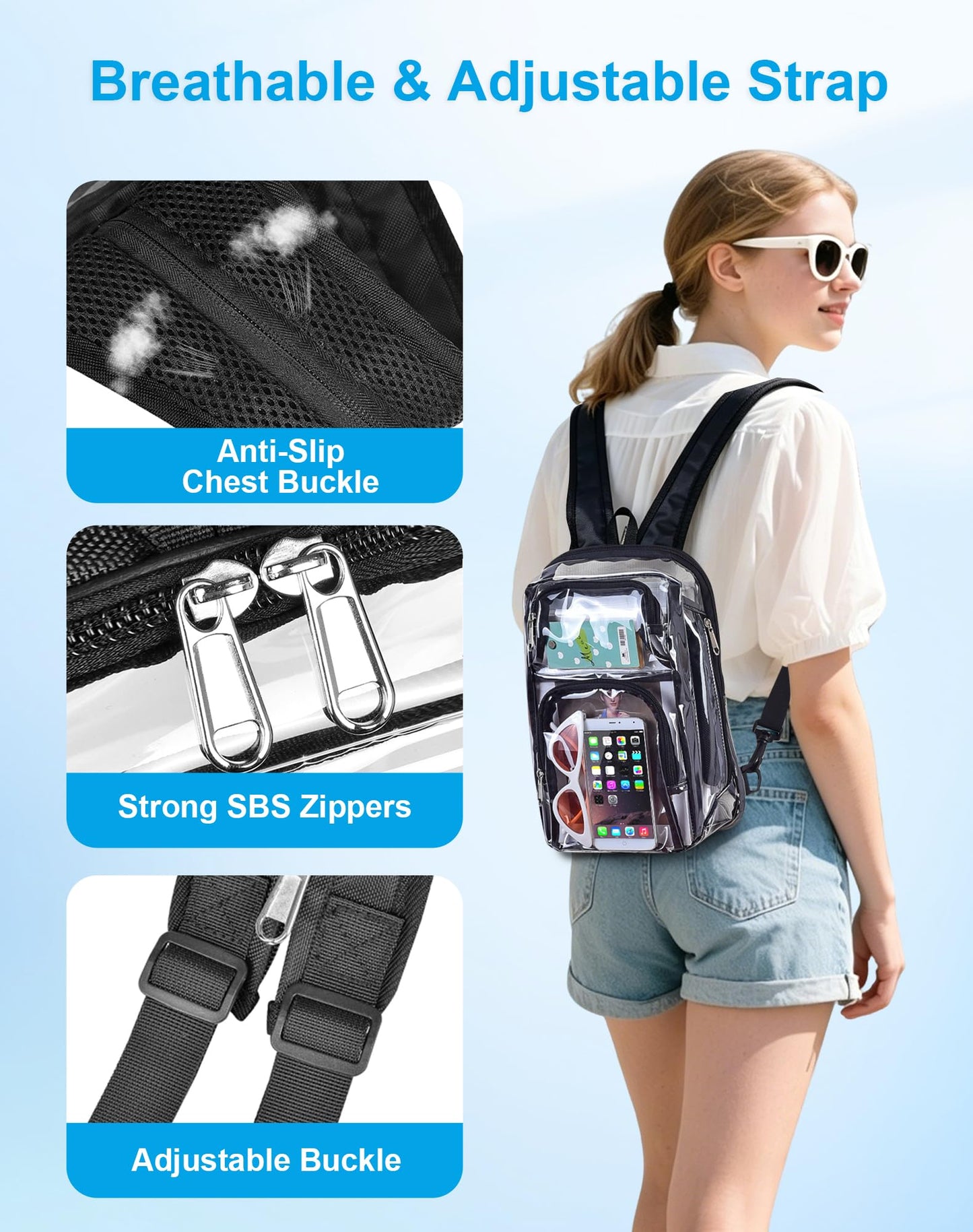 BEHDRE Clear Backpack Stadium Approved 12×12×6 with Breathable Shoulder Straps, Clear Sling Bag for Stadium Work Concert Festival - Black