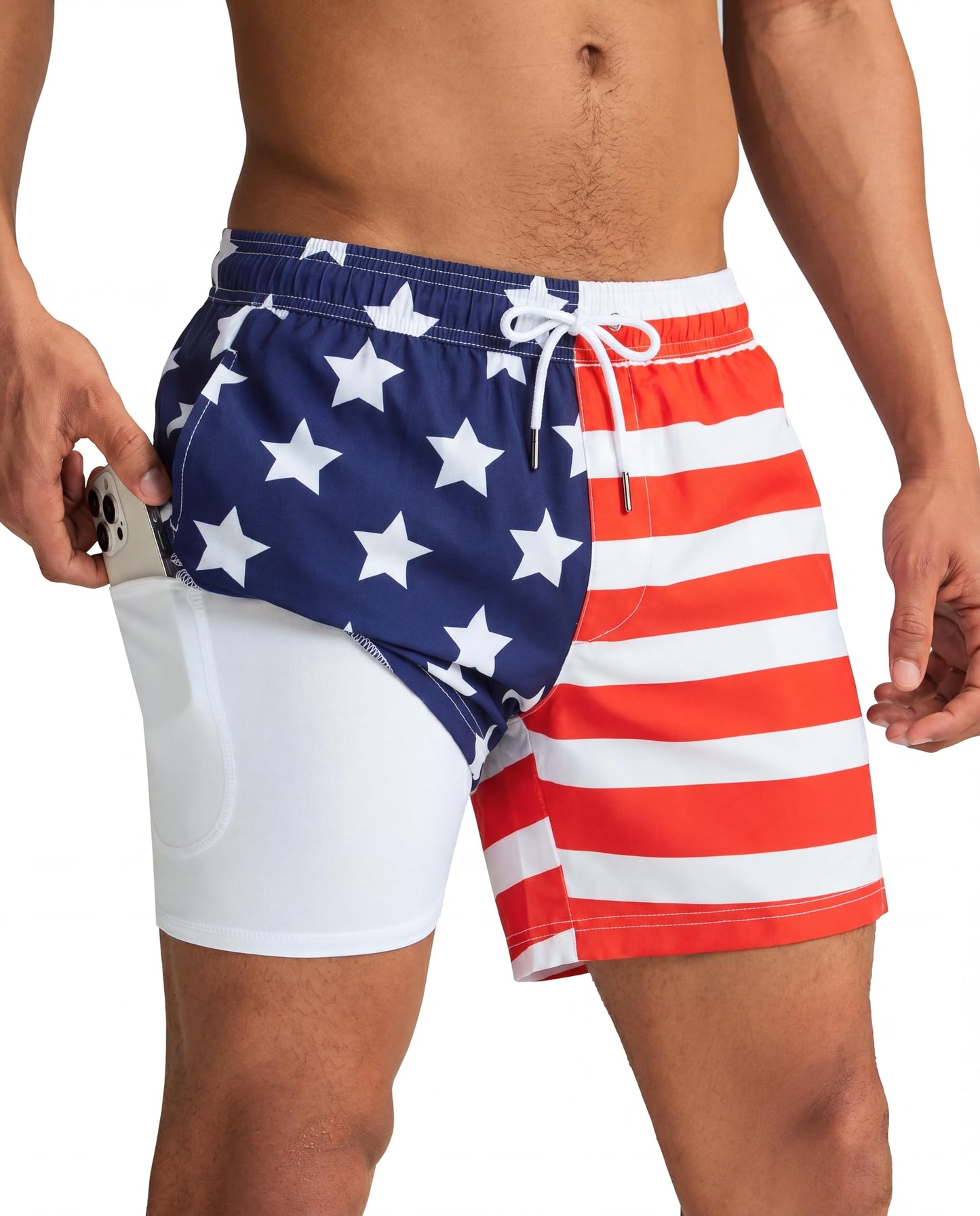 maamgic Mens Swim Trunks with Compression Liner 5 Inch, Quick Dry Bathing Suit with Zipper Pockets, Stretch No-Chafing Swim Shorts, Half-Half American Flag X-Small