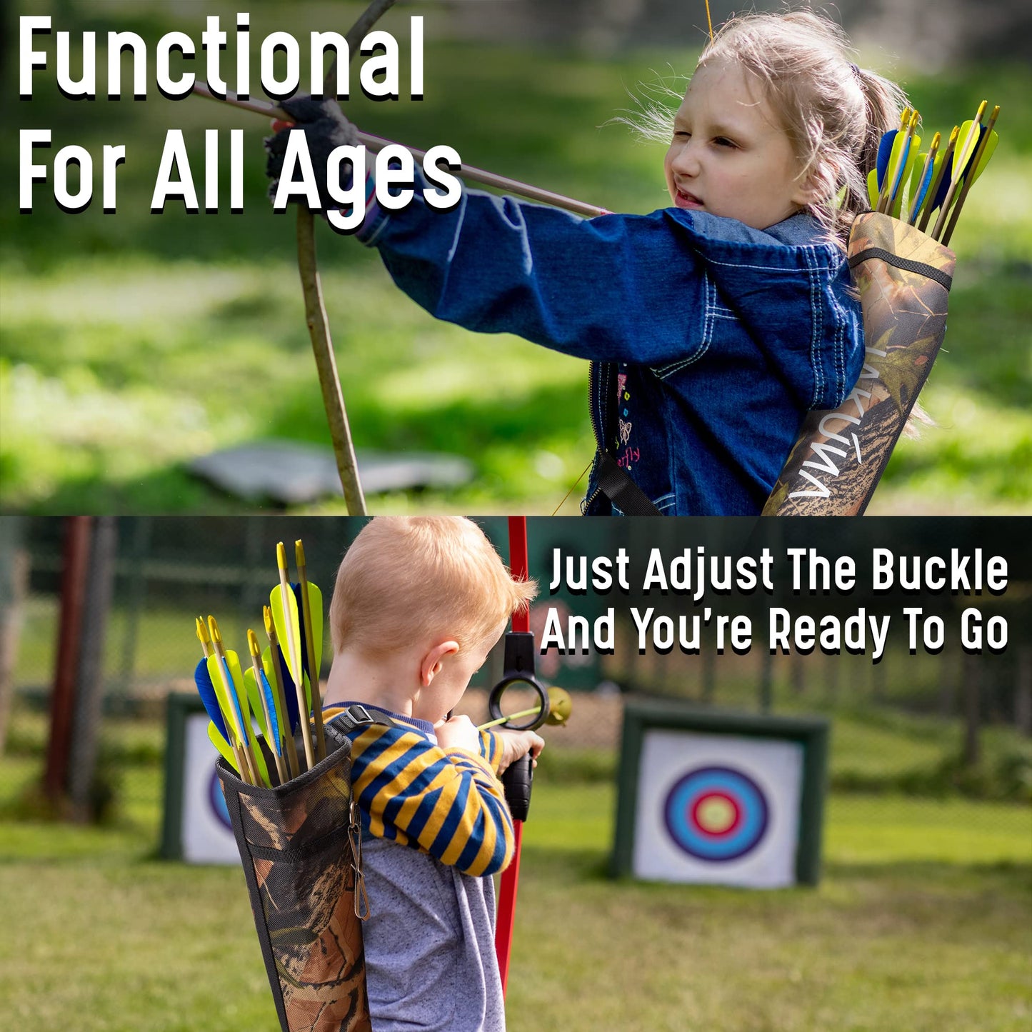 JAKUNA Hip and Back Quiver for Arrows - Camo Arrow Quiver for Kids and Adults - Adjustable Arrow Holder with a Padded Strap and Belt Clip - Archery Accessories for Field and Practice (Camo)
