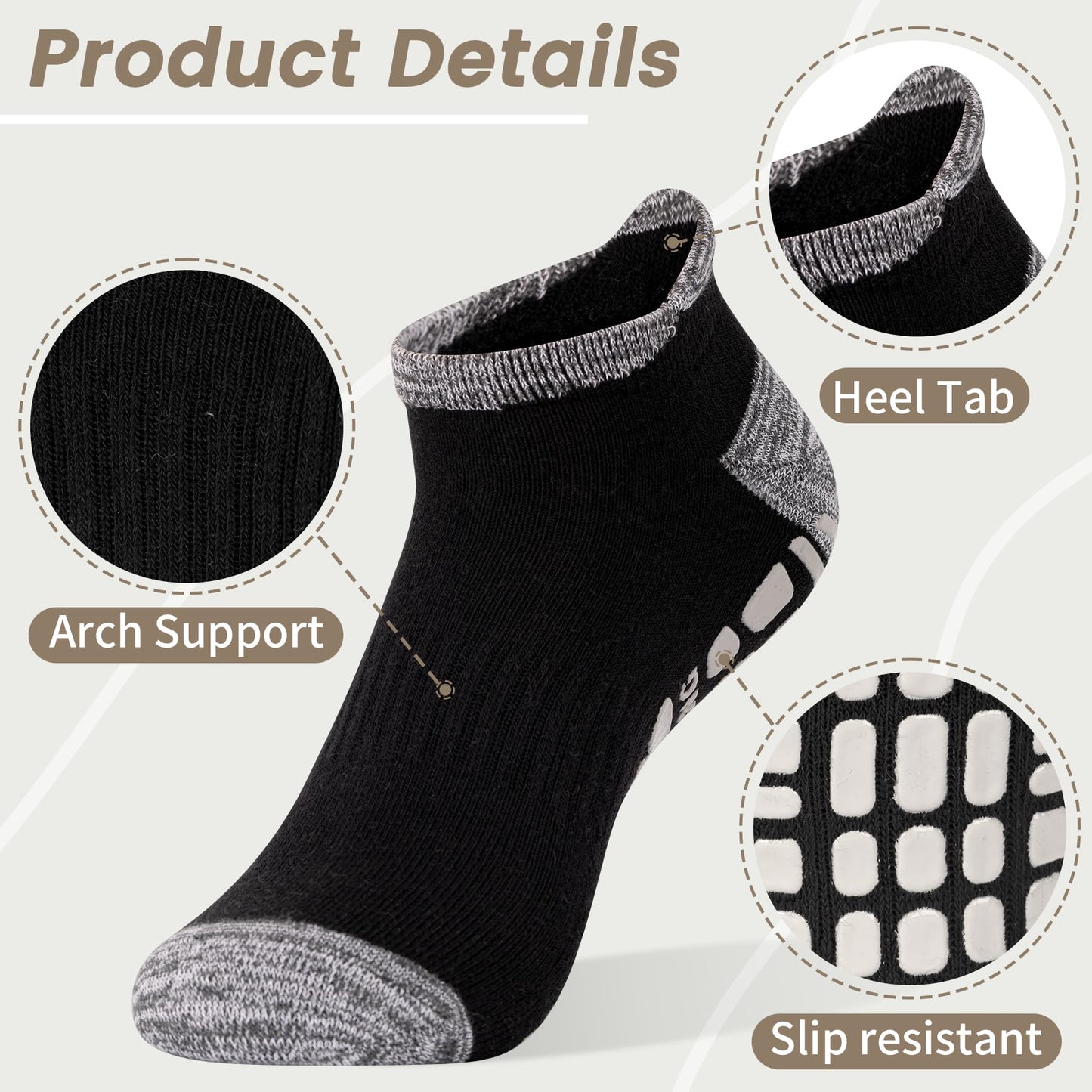 SkiBeaut Pilates Grips Men Women Socks,3 Pairs Unisex Yoga Non Slip Grips Cushion Sticky Barre Hospital Socks for Man Woman,US Size 11-13