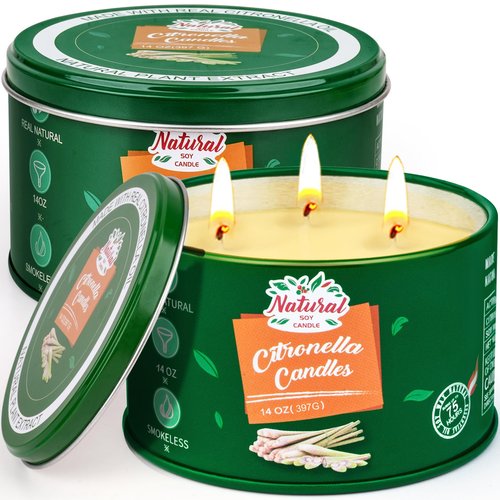 Citronella Candles Outdoor, Large 3-Wick Outdoor Candles for Patio Garden (14OZ Each), Nature Soy Wax Lemomgrass Outside Candle, Long Lasting Decorative Summer Candle for Camping, Backyard