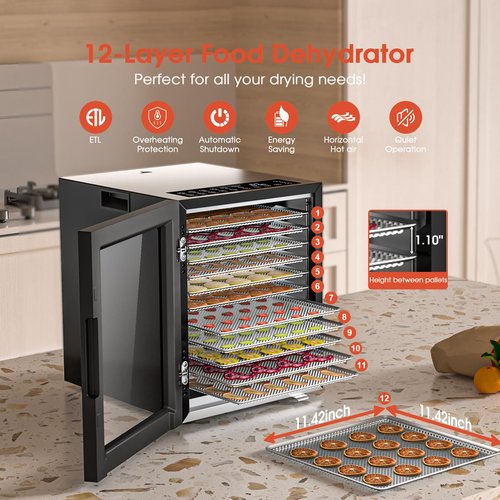 Food Dehydrator 12 Trays Stainless Steel - 850W Large Dryer for Jerky, Fruit, Meat, Herbs, Mushroom with Digital Timer & Glass Door