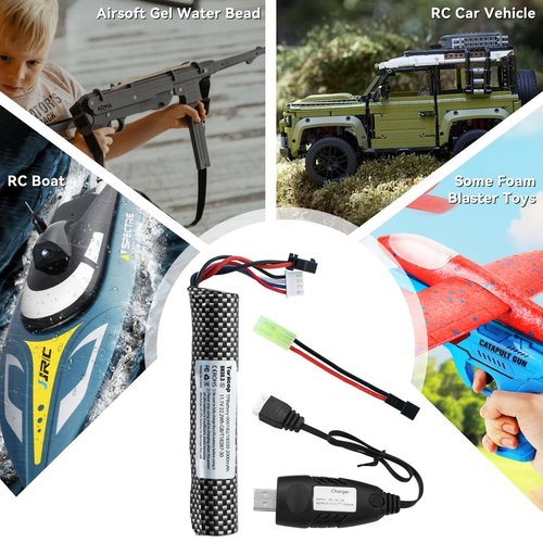 Tosiicop 11.1v Battery Gel Blaster - Airsoft Batteries 11.1 Volt 2000mAh with Charger and Mini Tamiya Connector to SM-2P Plug Conversion Cable for Water Bead Splatter Ball 2 Pcs