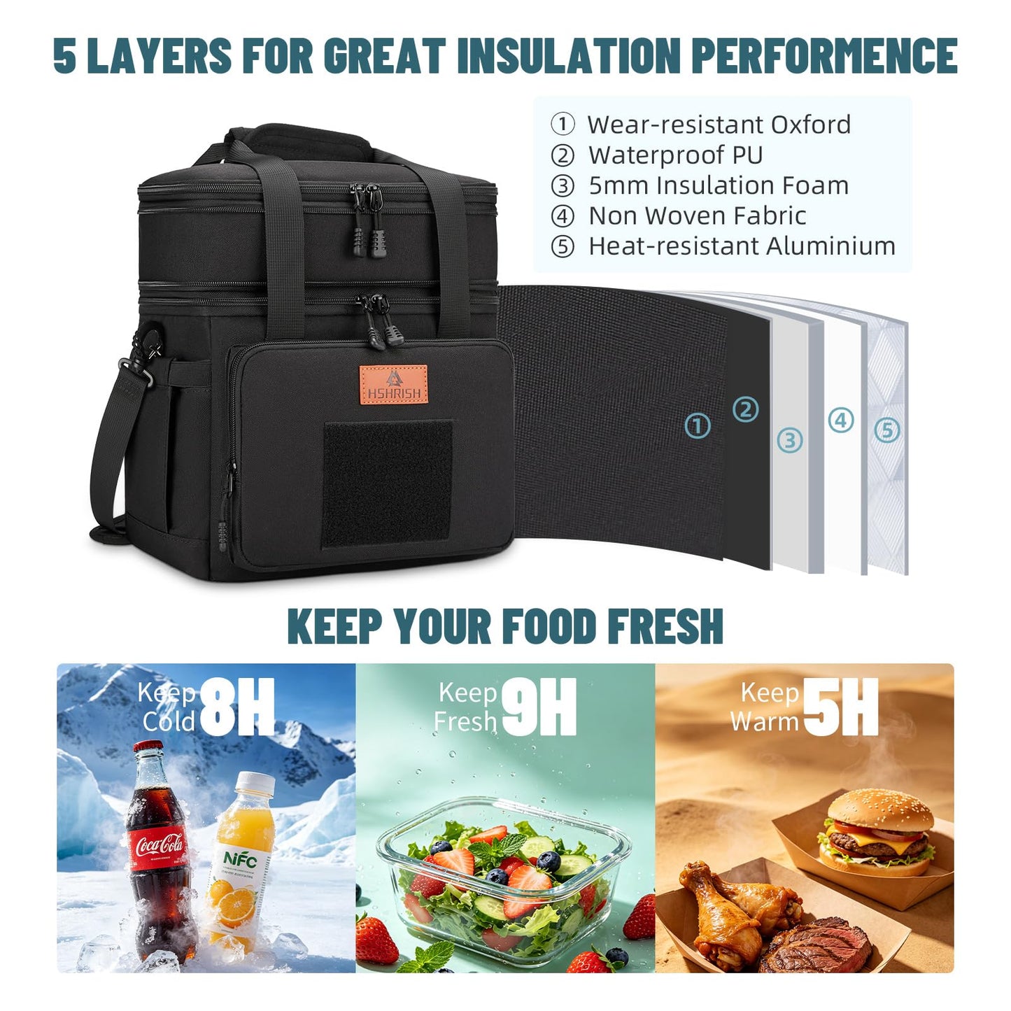 HSHRISH Lunch Box for Men, Large Expandable Insulated Lunch Bag, Durable Leakproof Tactical Cooler Bag for Adults to Work Picnic Beach Day Trips, 16 L, Black