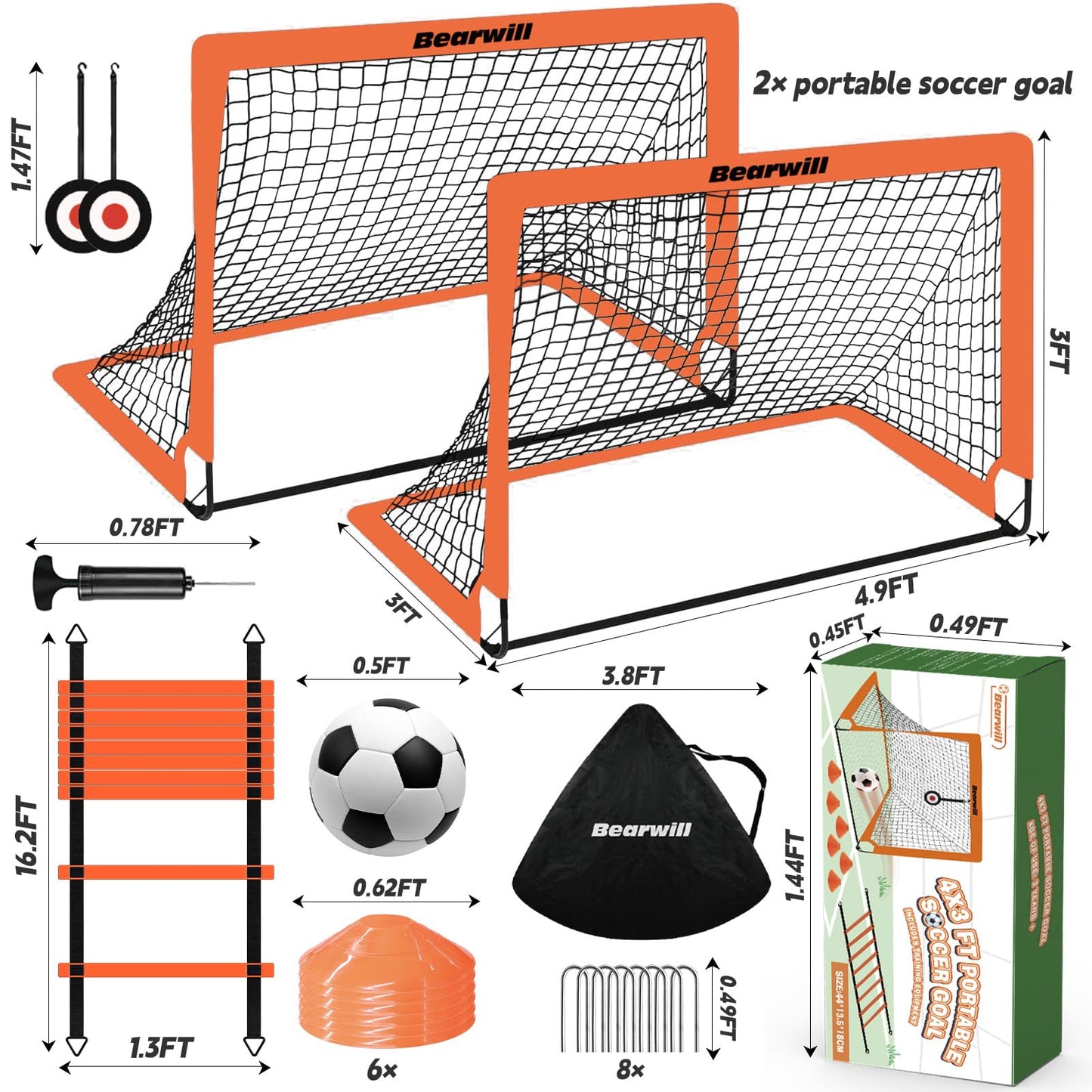 Bearwill Soccer Goal, Kids Soccer Goals for Backyard Set of 2, 4x3ft Portable Soccer Goal Pop Up Soccer Net, Kids Soccer Net Training Equipment with Soccer Ball, Ladder, Cones, Targets