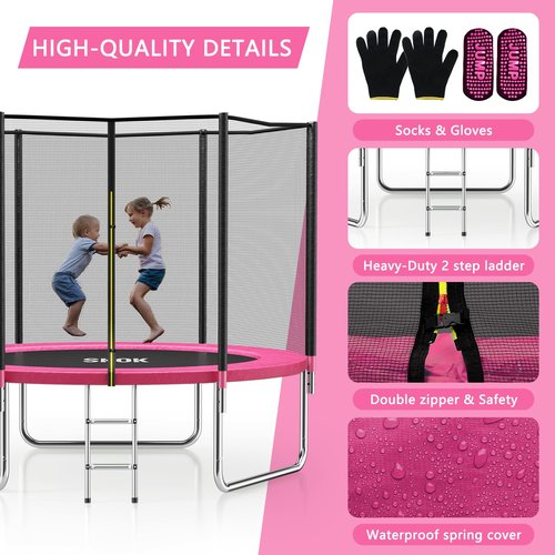 SKOK Pink 8FT Trampolines with Enclosure Net, 400LBS Outdoor Trampolines for Kids -ASTM Approved Trampoline for Children and Adults with Jump Mat,Cover & Ladder