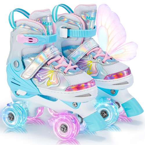 Girls Roller Skates, Butterfly Design 4 Size Adjustable Kids Roller Skates for Girls, Boy and Women, Fun Illuminating Toddlers Quad Skates for Beginners Youth Indoor Outdoor(Small, Pink Green)