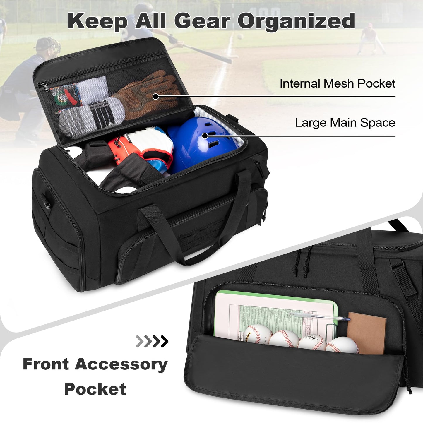 GOBUROS Baseball Duffle Bag with Bat Holder, Catchers Gear Bag for Softball