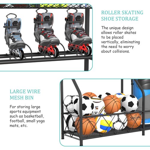 GUOHNHE Sports Equipment Organizer, Matel Ball Storage Garage, Large Golf Bag Rack with 4 Basket, Suitable for Gyms, Stadium and Playgrounds, Black, BST002B